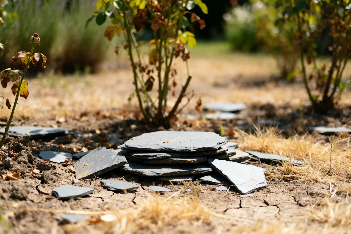 Sol sec accentuant l'inconvénient du paillage en ardoise dans un jardin de roses.