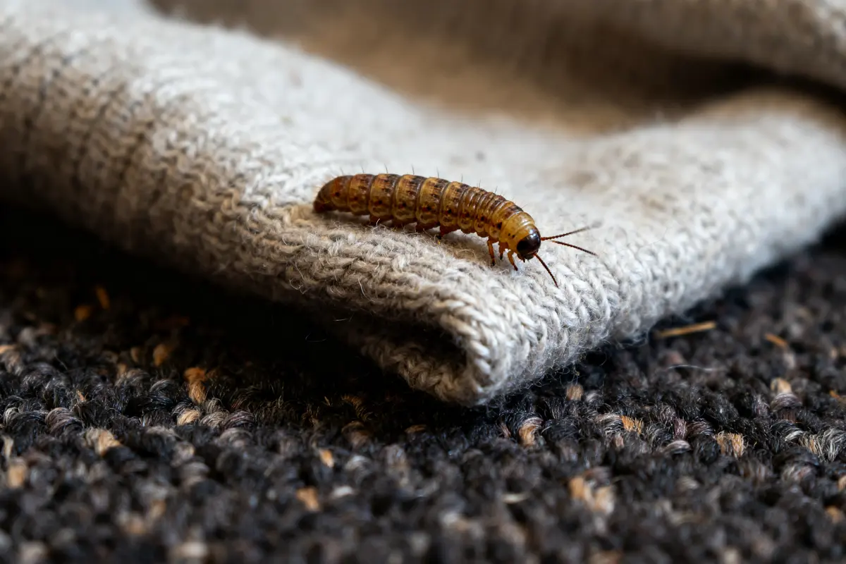 Larve d'anthrène sur un tissu gris posé sur un tapis noir et brun