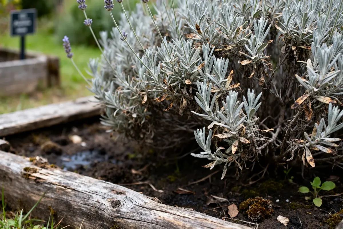 Buisson séché de lavande devient grise dans un jardin en pleine nature
