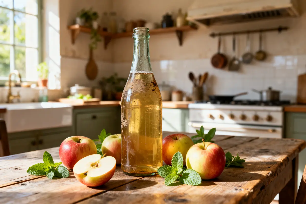 Bouteille de cidre de vinaigre entourée de pommes et menthe soulignant les bienfaits du cidre.