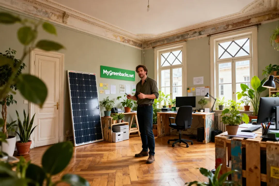 Bureau écologique mygreenbucks net Jones avec panneaux solaires et plantes vertes dans un intérieur lumineux