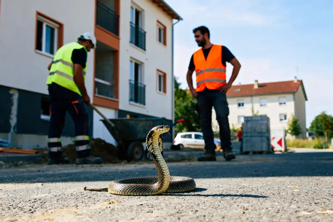 Ophis au sol devant deux ouvriers de chantier sur route en construction