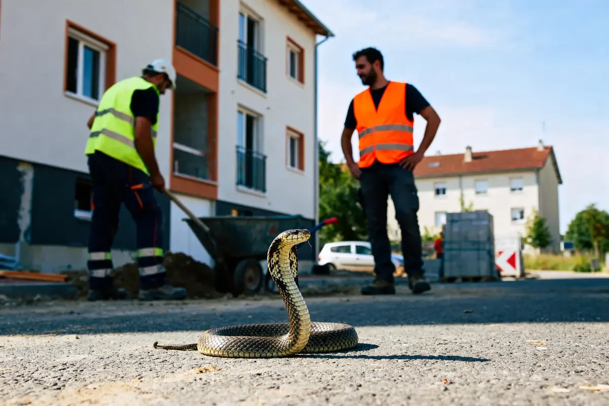 Ophis au sol devant deux ouvriers de chantier sur route en construction