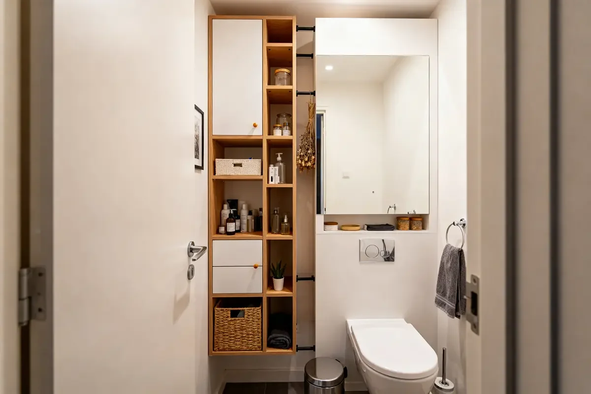 Petite salle de bain de 3m2 bien aménagée avec étagères, miroir et toilettes intégrées