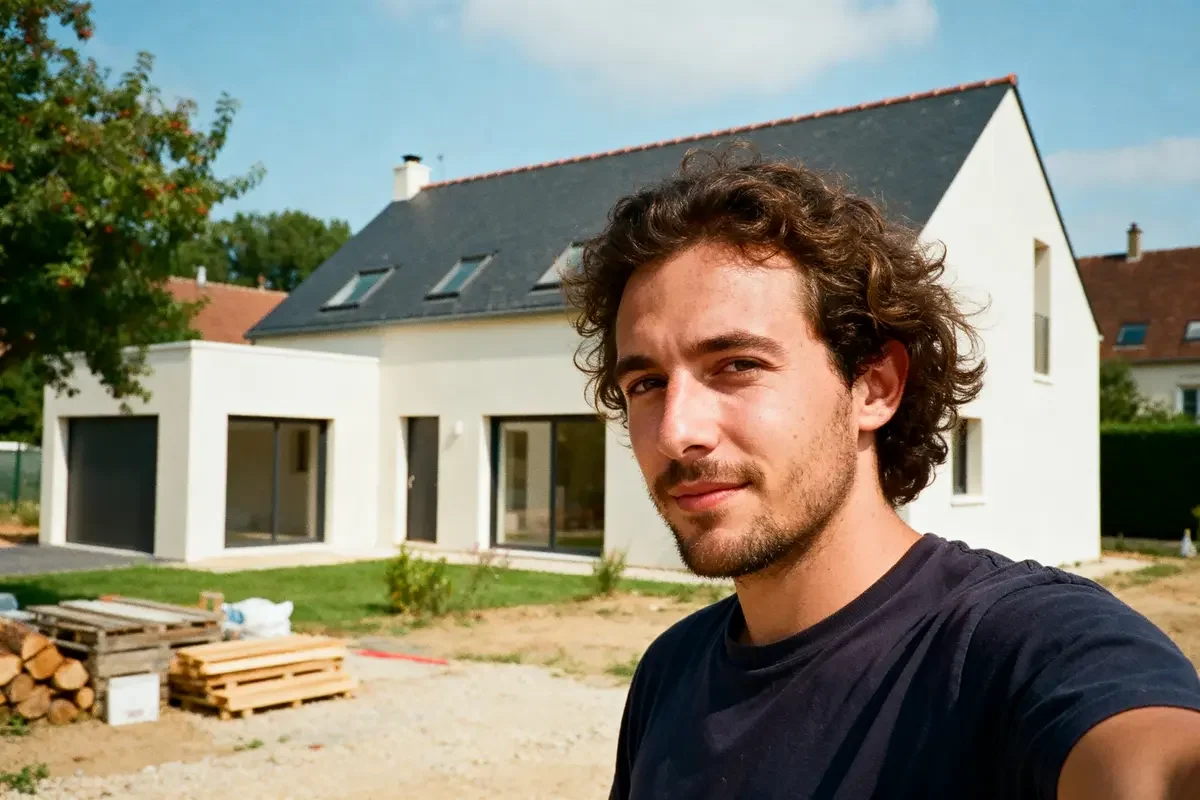 Jeune homme devant maison moderne évoquant prix maison 100m2 clé en main construction récente