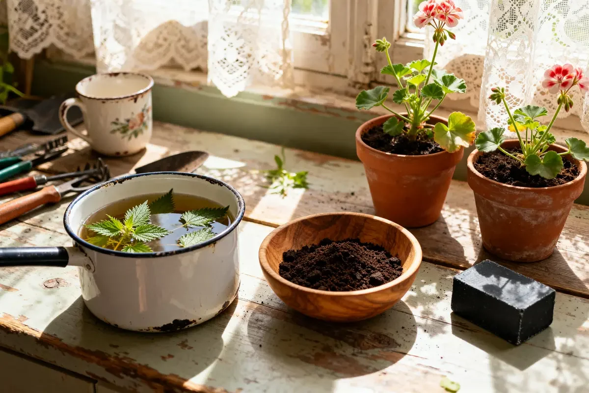 Infusion d'orties et pots pour recette de grand-mère pour avoir de beaux géraniums