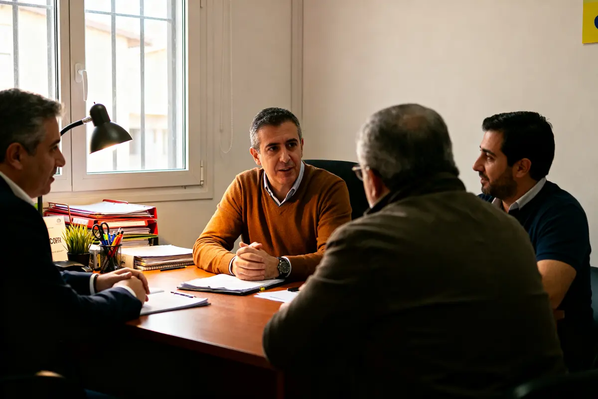 Quatre hommes discutent autour d'une table de travail chez socorpi