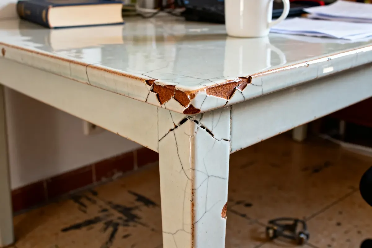Table céramique inconvénient montrant coins ébréchés et surface endommagée au quotidien