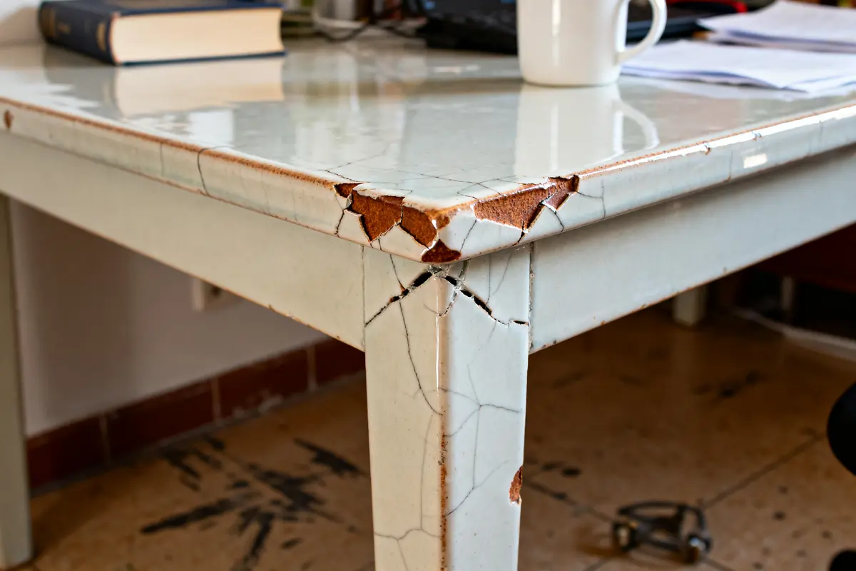 Table céramique inconvénient montrant coins ébréchés et surface endommagée au quotidien