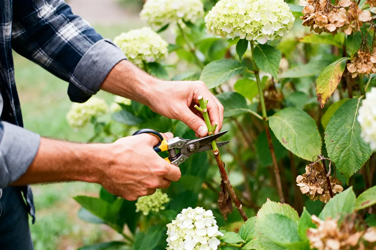 Jardinier coupant des tiges pour taille des hortensias en 3 étapes simples