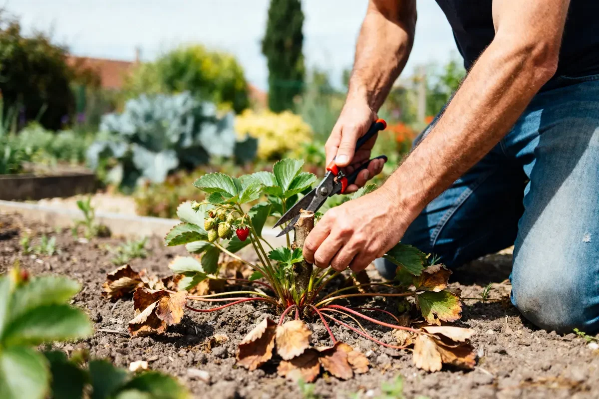 Homme utilisant sécateur pour tailler un fraisier dans un jardin potager ensoleillé