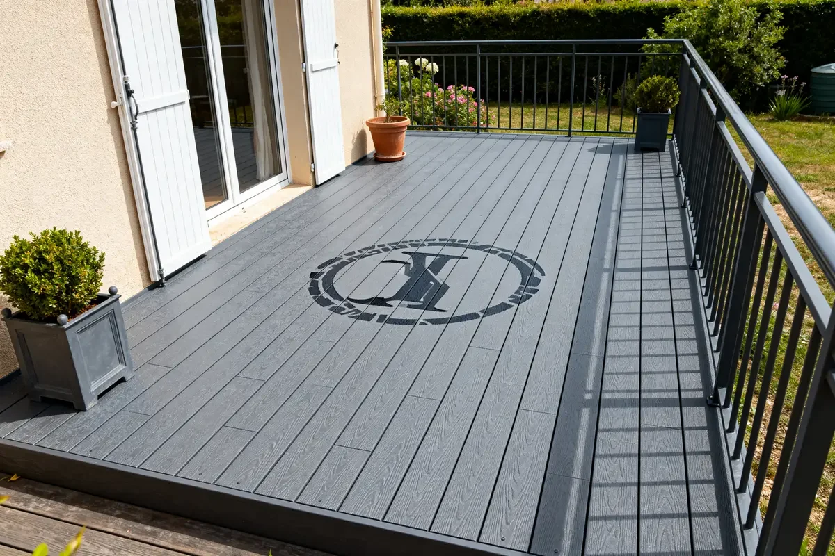 Terrasse en résine grise avec motif central, entourée de plantes et rampe métallique.