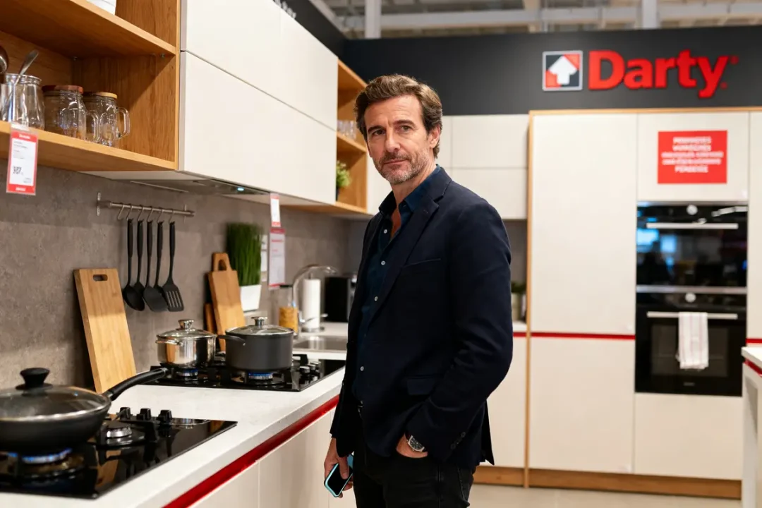Homme dans une cuisine moderne Darty avec électroménagers pour avis sur les cuisines Darty