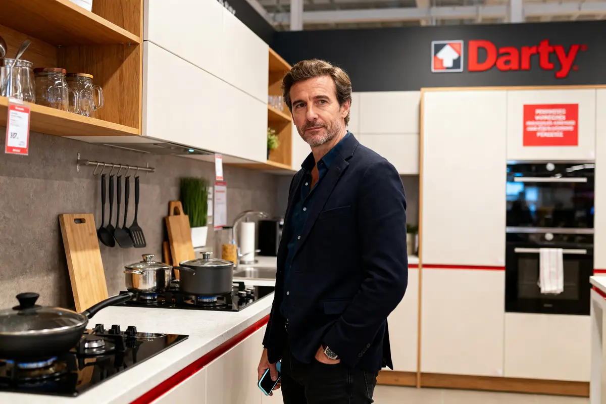 Homme dans une cuisine moderne Darty avec électroménagers pour avis sur les cuisines Darty