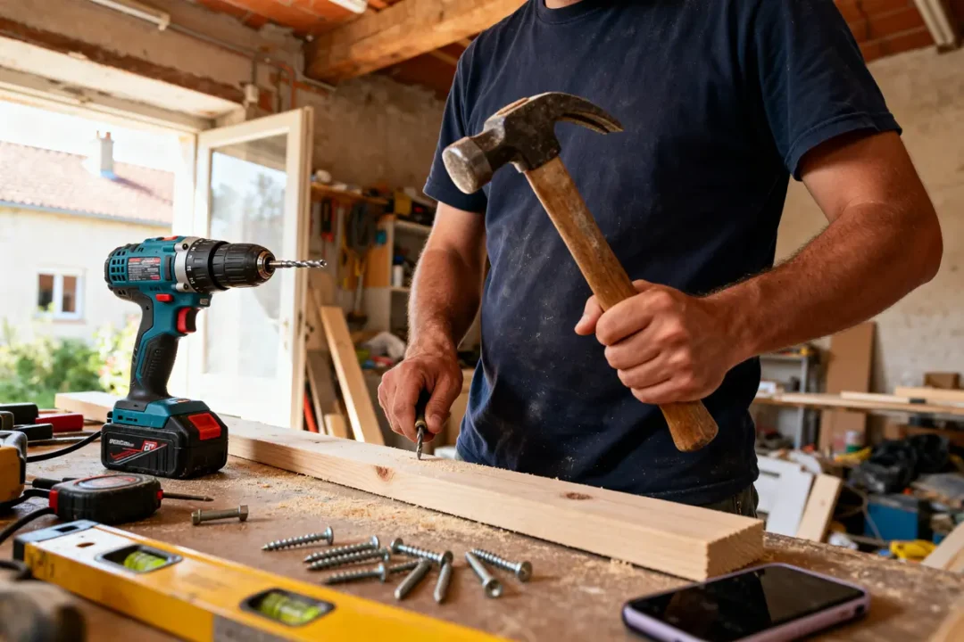 Homme utilisant un marteau et perceuse dans un atelier blog savoir bricoler tâche bois