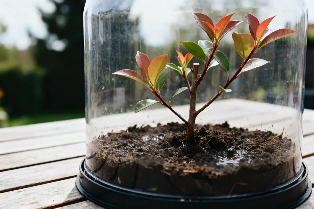 Bouture de photinia sous cloche en verre sur table extérieure en bois