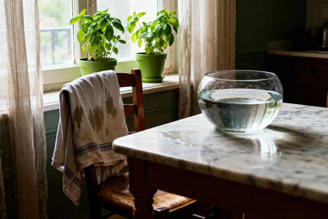 Bol d'eau sur table en marbre pour comment humidifier une pièce naturellement et efficacement