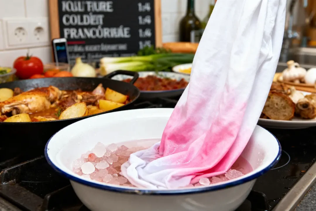 Chemise blanche déteinte en rose trempée dans bol sur cuisine pour récupérer du linge blanc.