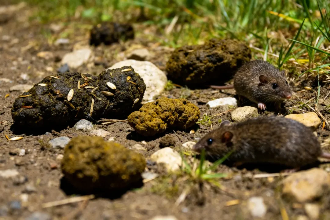 Rongeurs nocturnes près de crottes d'animaux nocturnes sur sol herbeux et caillouteux