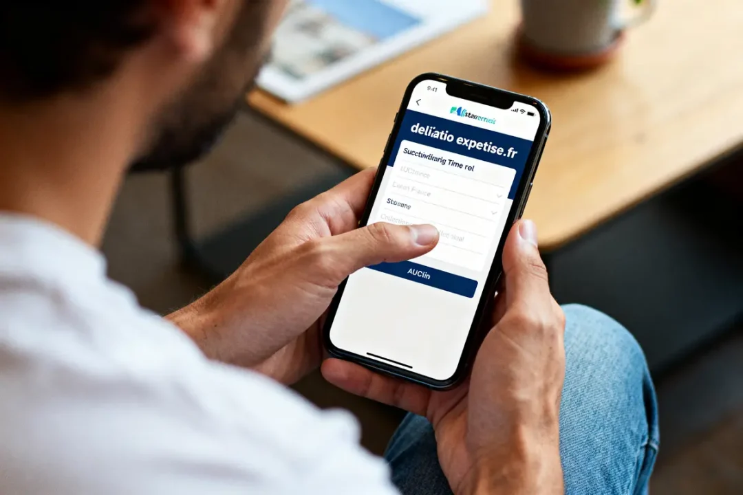 Un homme utilisant declarationexpertise.fr sur smartphone pour remplir un formulaire en ligne