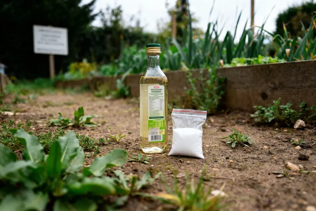 Bouteille de vinaigre et sel au jardin comme désherbant naturel vinaigre et sel