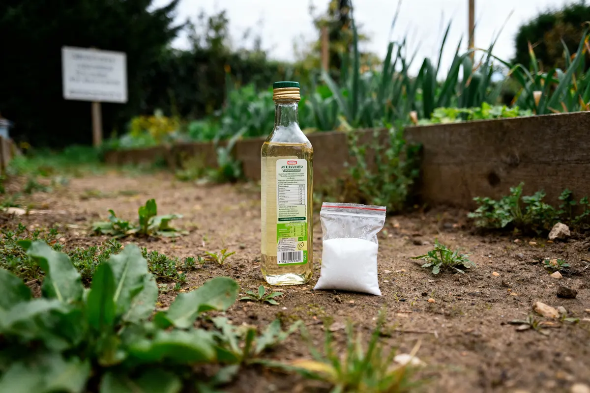 Bouteille de vinaigre et sel au jardin comme désherbant naturel vinaigre et sel