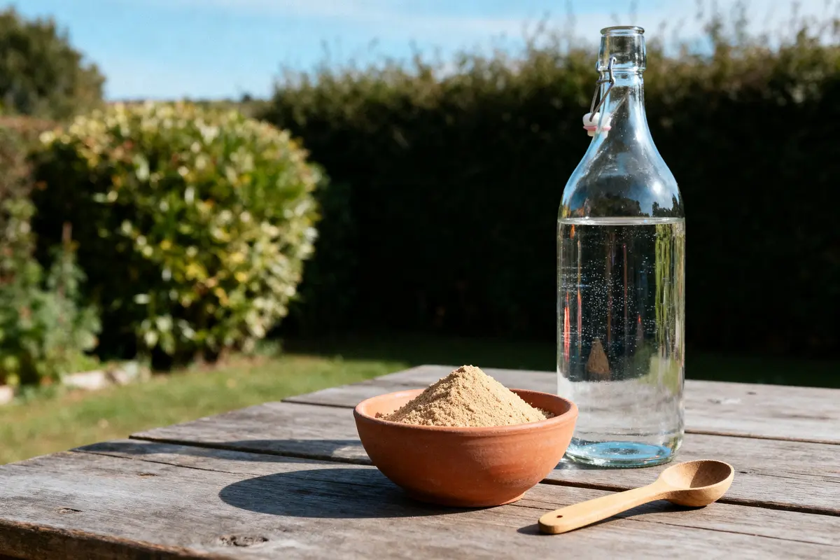 Bol de poudre avec bouteille et cuillère pour dosage de bouillie bordelaise pour 1 litre