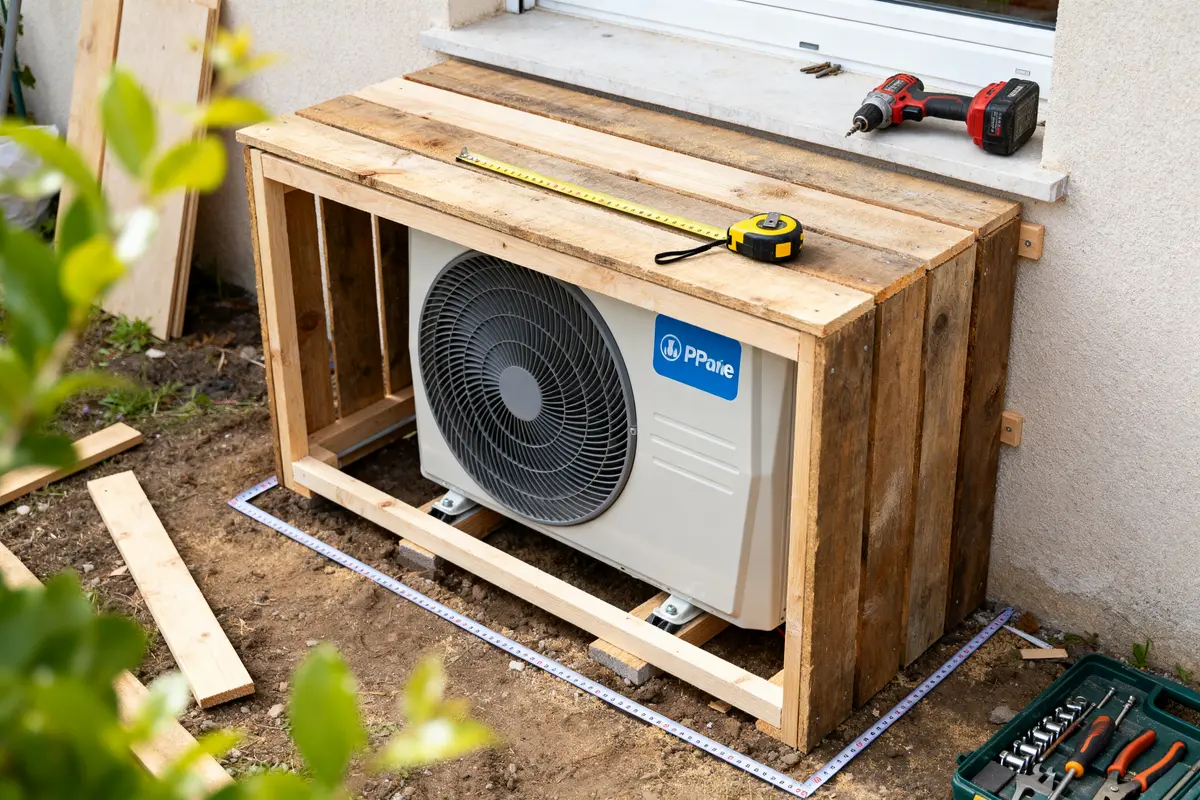 Construction en bois pour fabriquer un cache climatiseur extérieur avec outils de bricolage visibles
