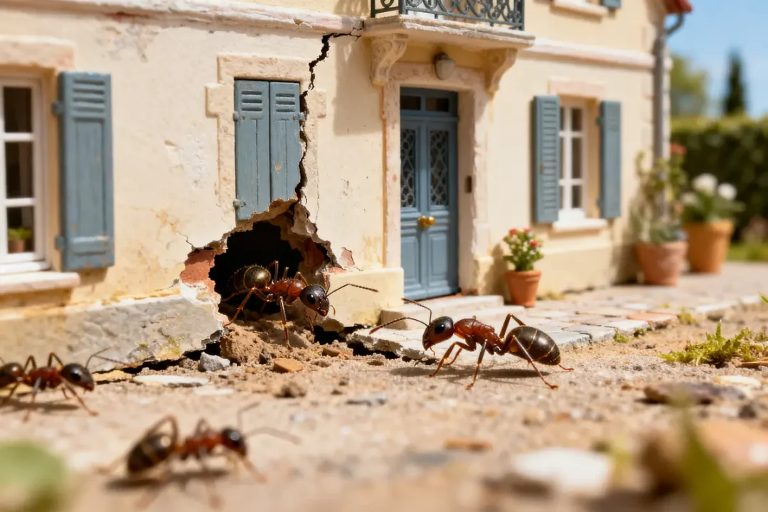 Fourmis dans la maison, géantes entrant par une fissure dans un mur décrépit