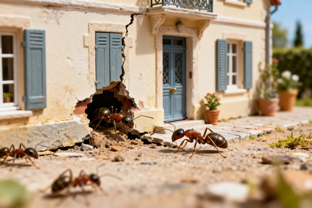 Fourmis dans la maison, géantes entrant par une fissure dans un mur décrépit