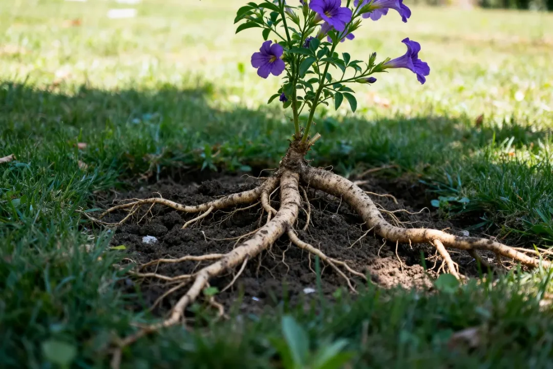 Plante avec racines exposées, soulignant les inconvénients de la bignone envahissante dans le jardin