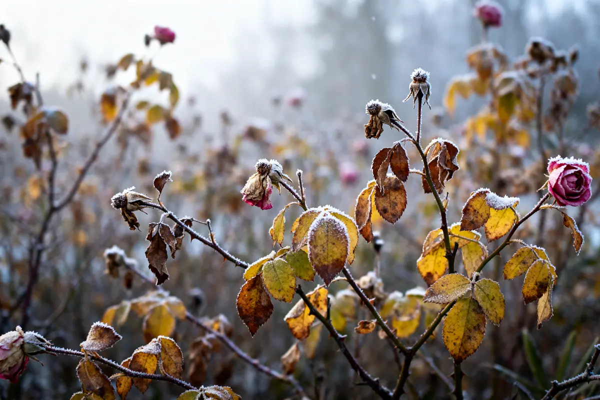 Lauriers roses gelés recouverts de givre, feuilles jaunies et fleurs fanées dans le froid