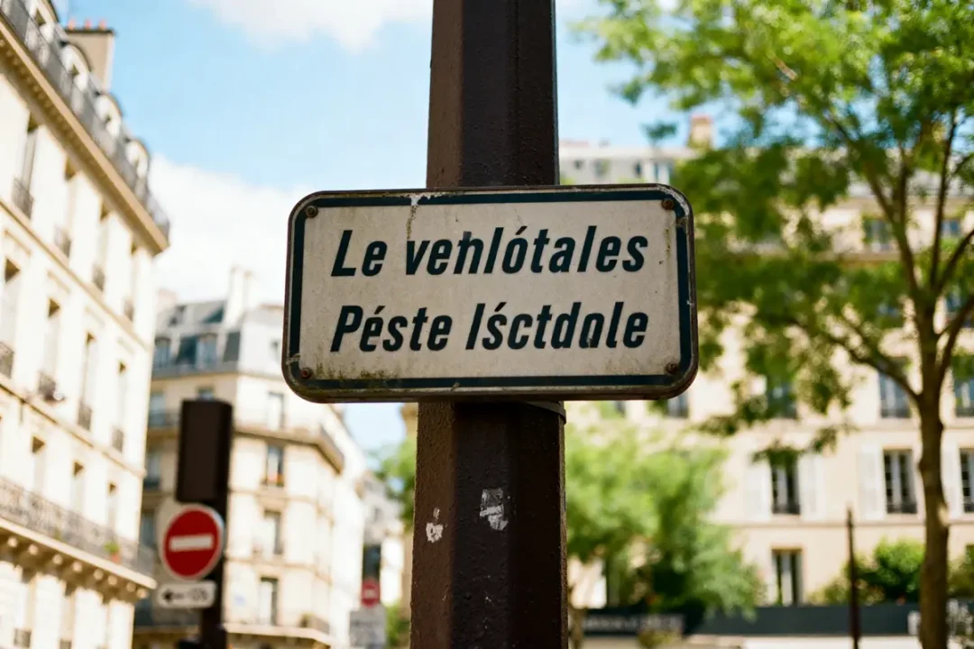Plaque de rue avec libellé de voie, immeubles et arbres en arrière-plan urbain parisien