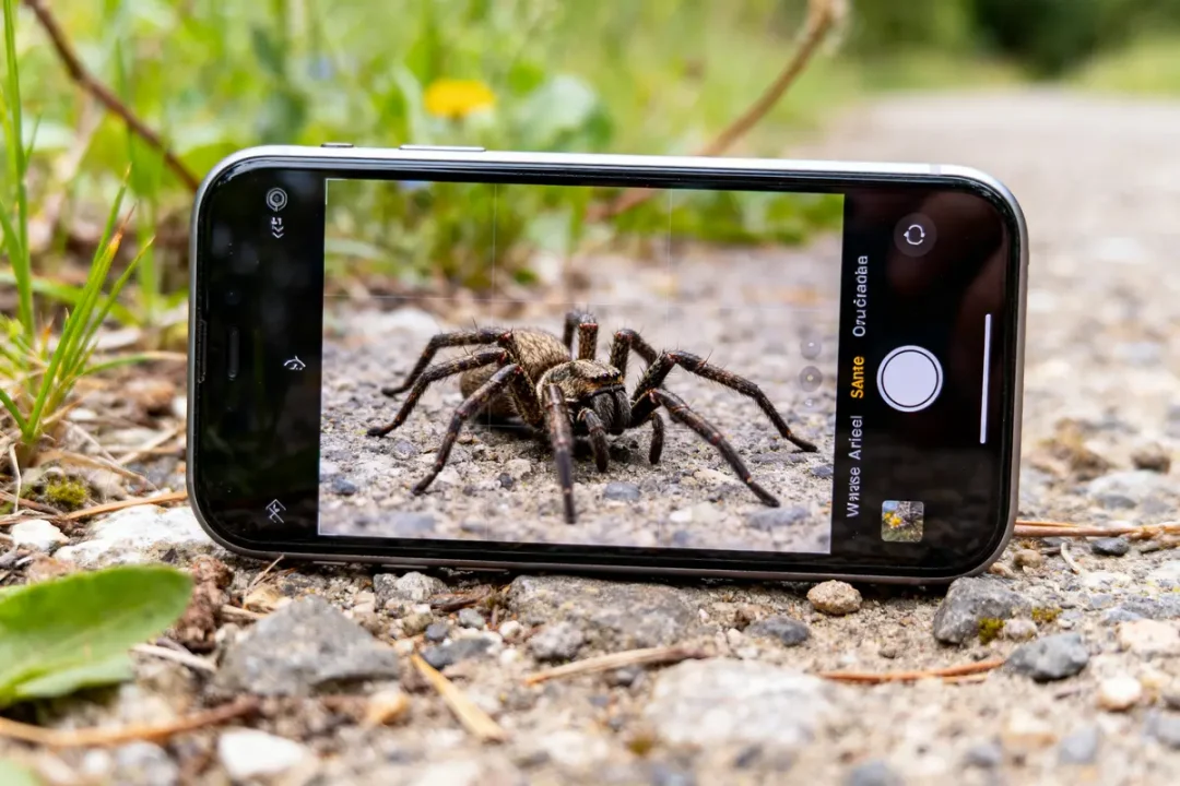 Téléphone affichant une mygale en France sur un chemin gravelé parmi la nature verdoyante