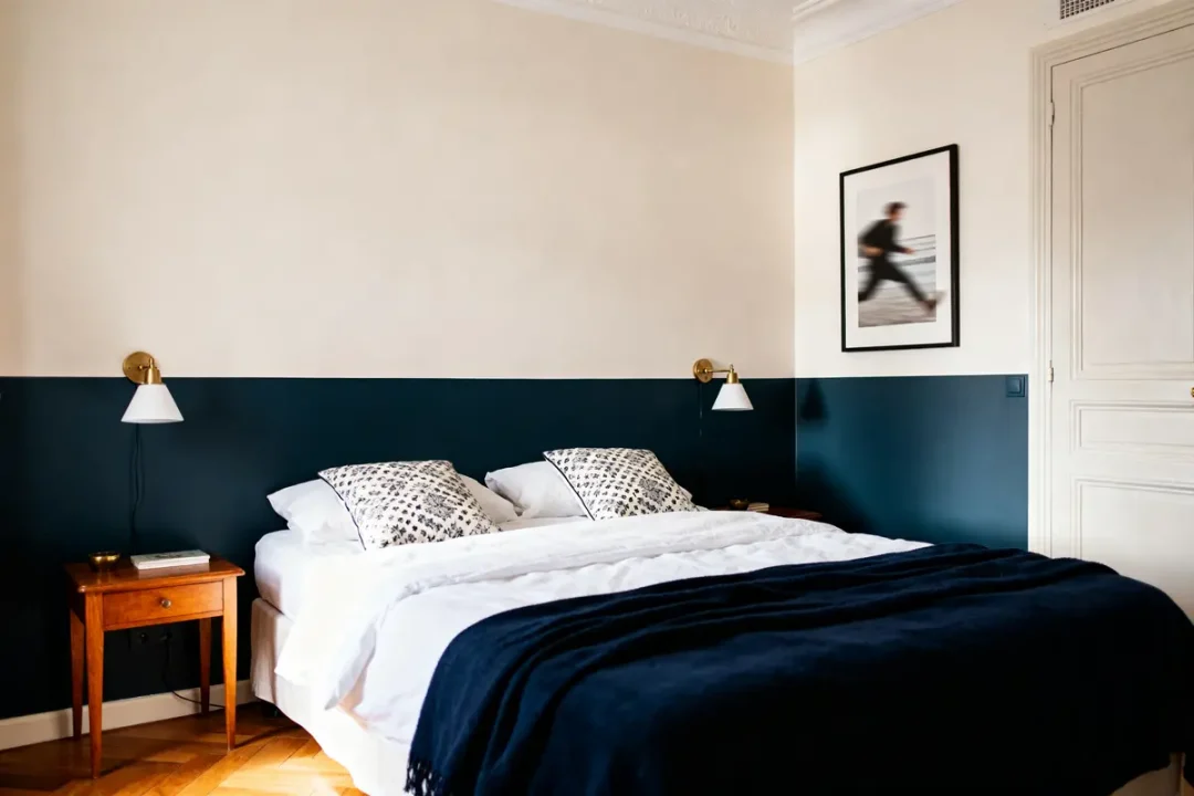 Chambre adulte élégante avec peinture bicolore bleu et crème sur les murs