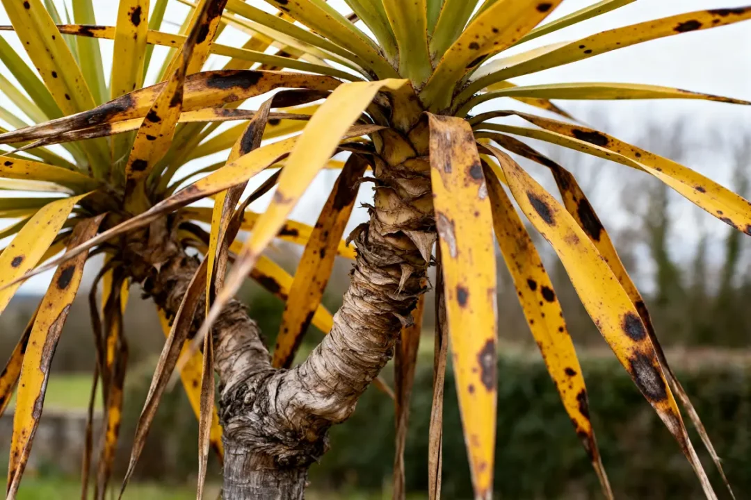 Feuilles jaunies et tachetées sur photo de yucca malade en extérieur