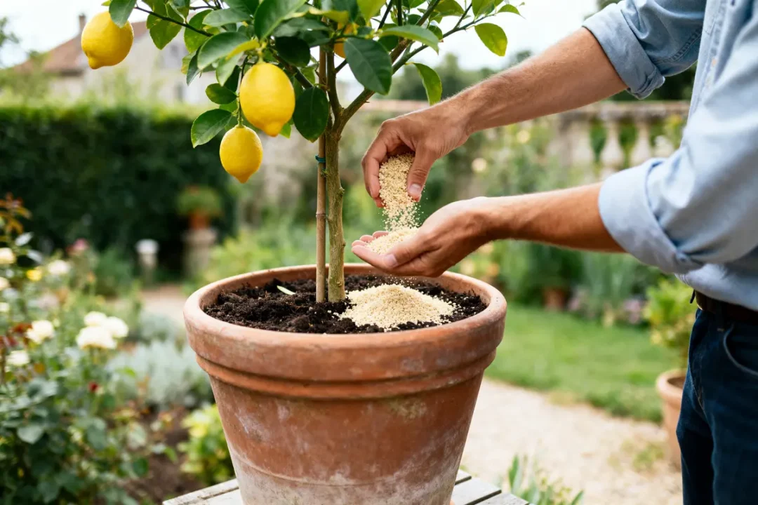 Rempotage d'un citronnier avec ajout de fertilisant dans un grand pot en terre cuite