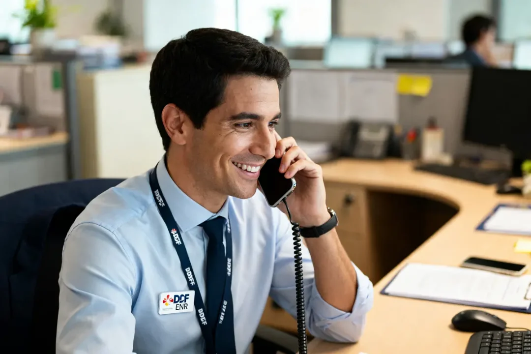 Homme souriant au téléphone au service client EDF ENR dans un bureau moderne