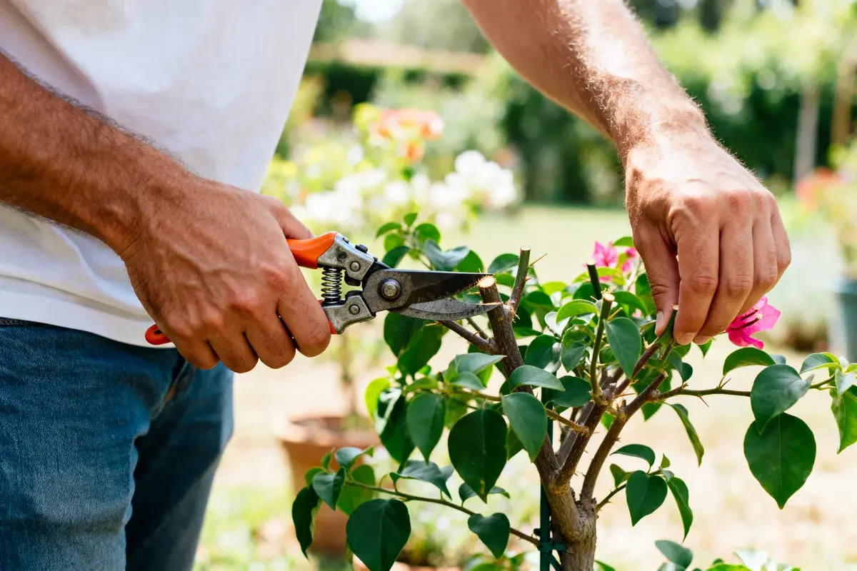 Personne en train de tailler un bougainvillier avec des cisailles dans un jardin ensoleillé
