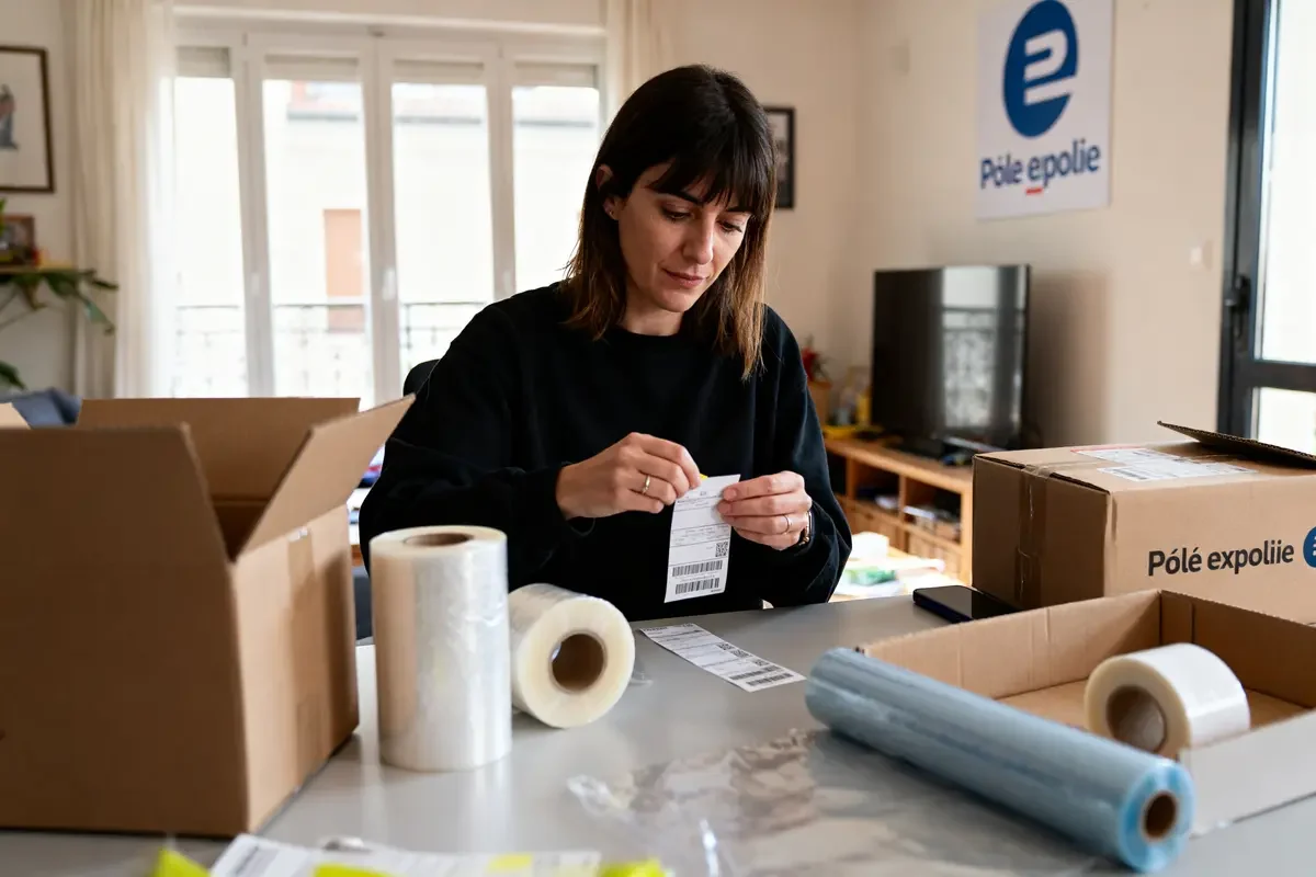 Femme préparant colis chez elle pour travail à domicile emballage Pôle emploi