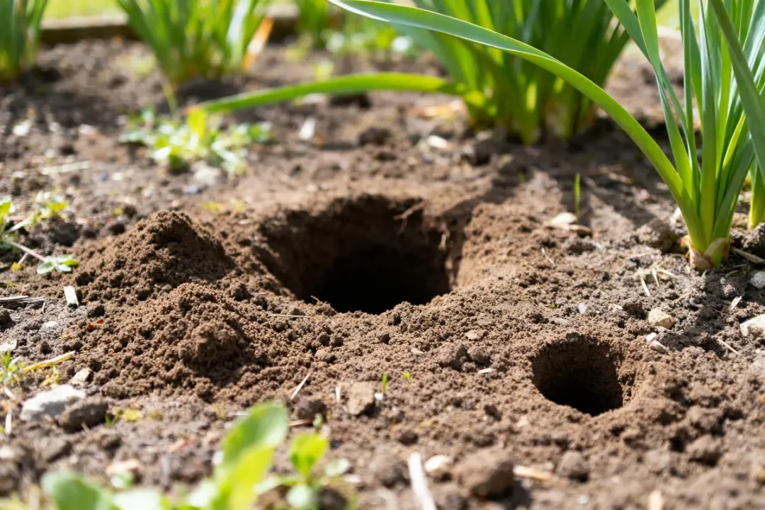 Trou dans le jardin entouré de plantes et terre fraîchement remuée