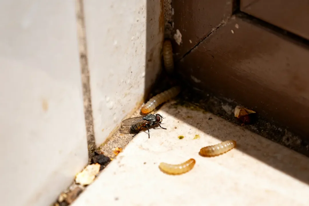 Mouche entourée de vers blancs dans la maison près du coin du sol