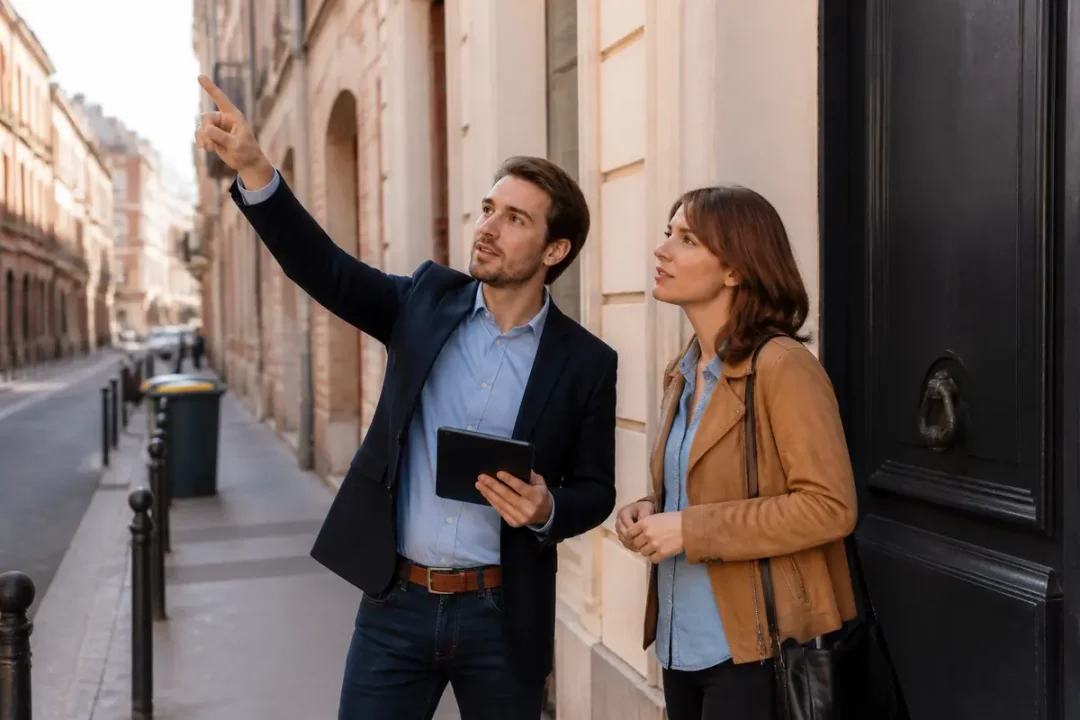 Deux personnes discutent dans une rue, homme montrant quelque chose, tenant une tablette.