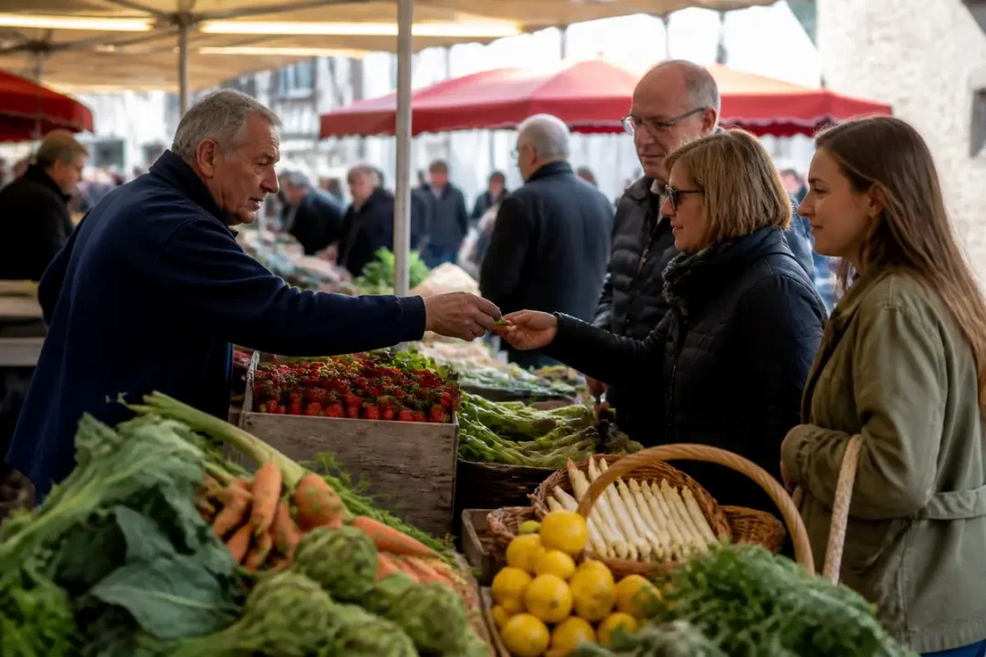 Scène de marché animé avec étals de fruits et légumes frais, clients et vendeur sous la tente.