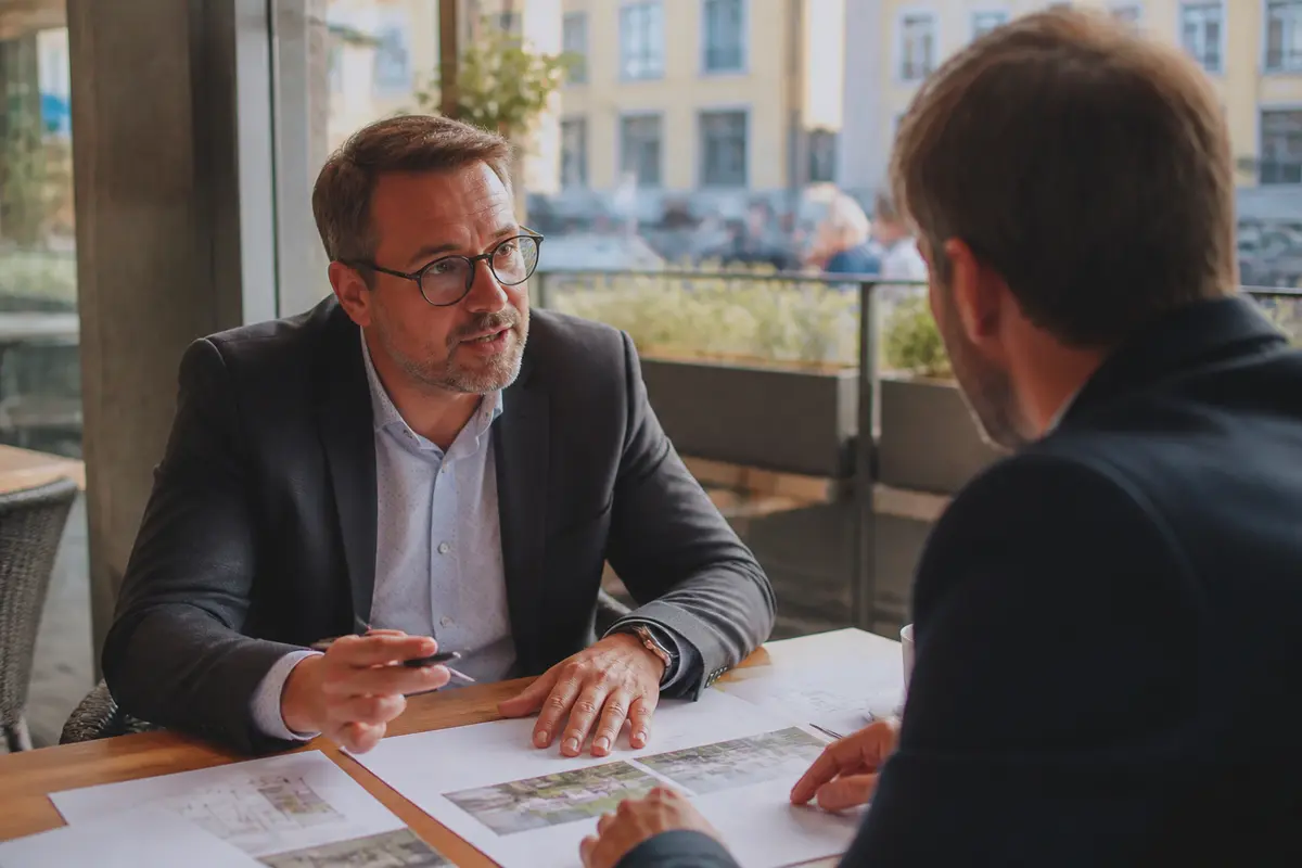 Deux hommes en costume discutant autour de documents sur une table, dans un environnement professionnel.