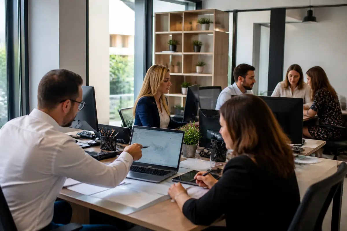 Des employés travaillent ensemble dans un bureau moderne, avec ordinateurs et documents, collaborant autour de tables.