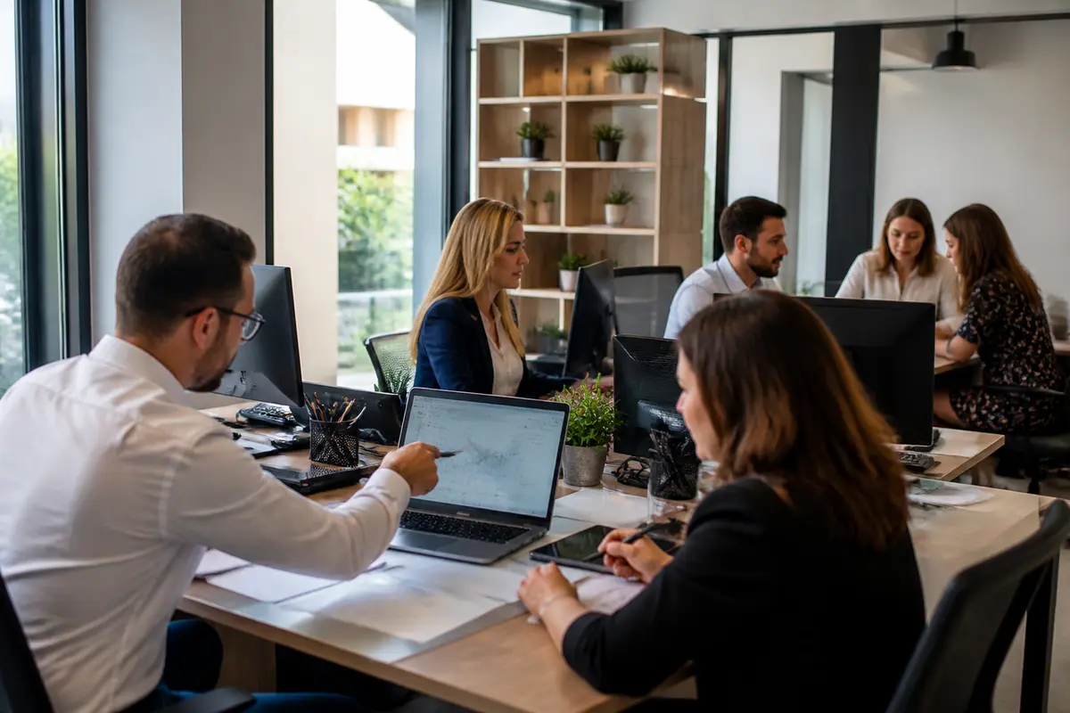 Des employés travaillent ensemble dans un bureau moderne, avec ordinateurs et documents, collaborant autour de tables.