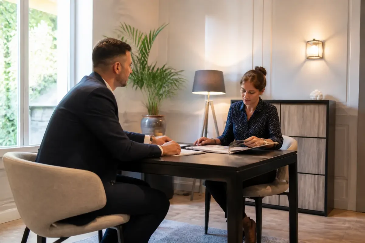 Deux personnes discutent à une table dans un bureau moderne, avec plante, lampe et documents visibles.