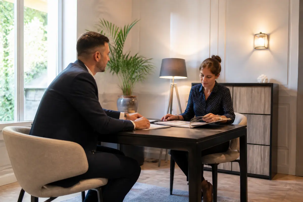 Deux personnes discutent à une table dans un bureau moderne, avec plante, lampe et documents visibles.