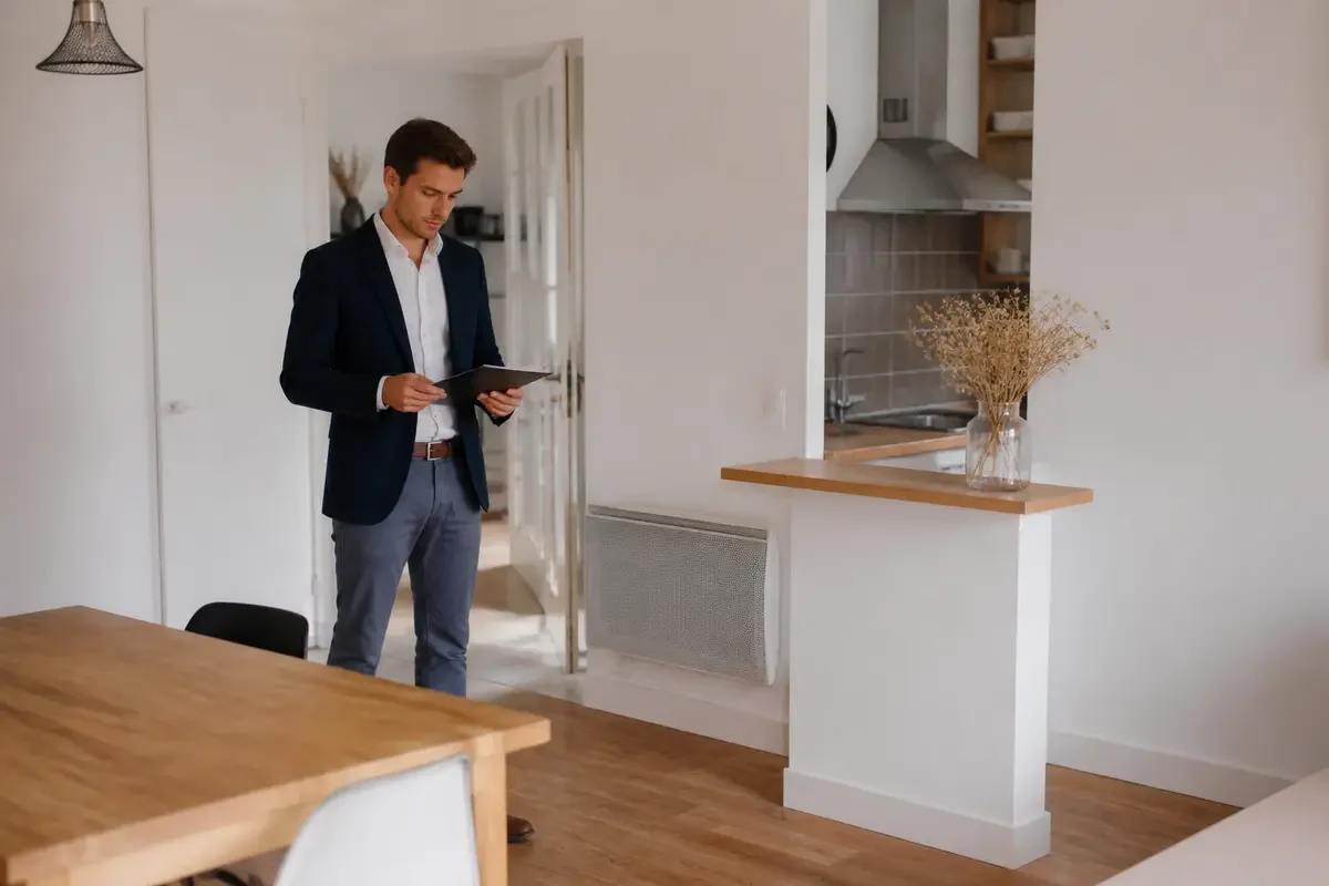 Un homme en costume lit une tablette numérique dans un intérieur moderne et lumineux.